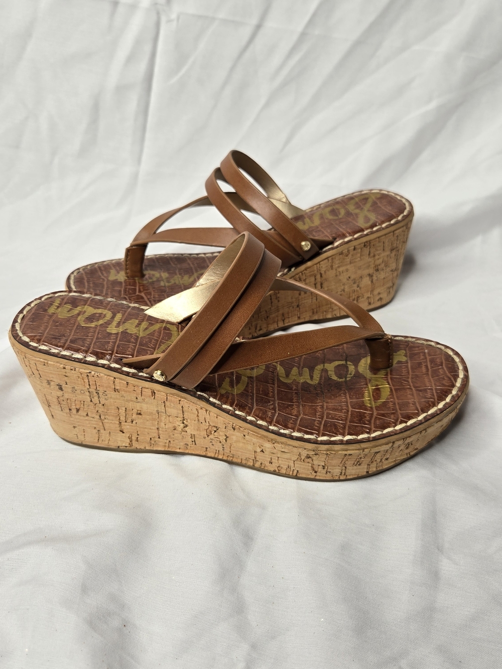 Sam Edelman Brown Strappy Cork Wedge Sandals Crocodile Print Women’s 7 New